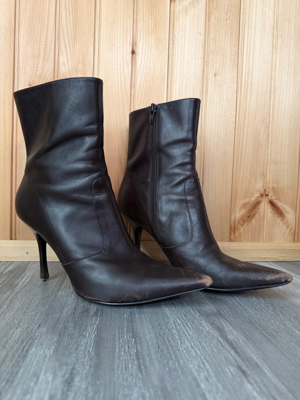 Guess by Marciano Brown Leather Pointed-Toe Heeled Boots
